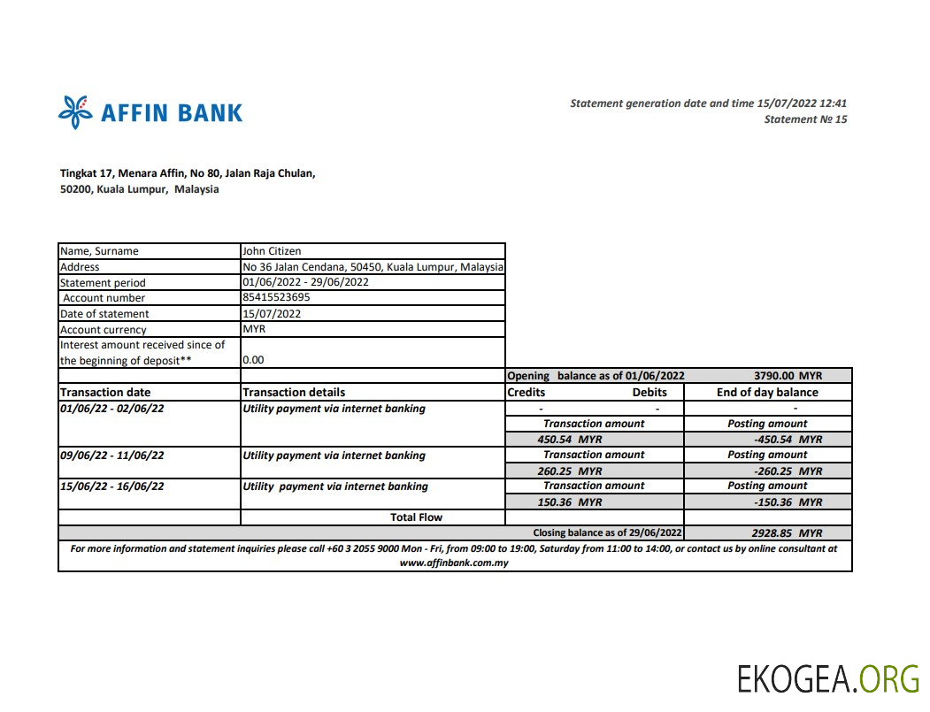 Déclaration de la Malaysia Affin Bank